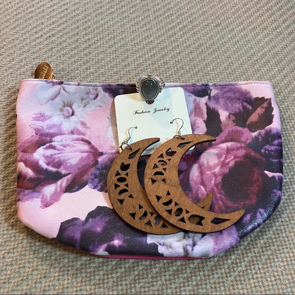 Wooden crescent earrings, resin “moonstone” ring and floral Ipsy bag.
